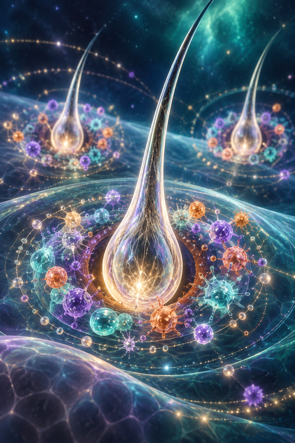 Abstract glass follicles arranged as luminous constellations with coloured cellular rings