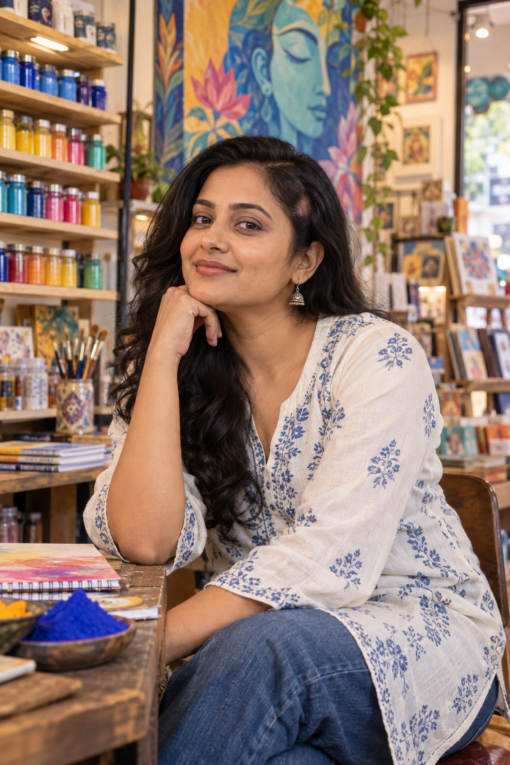 Indian woman with a small visible hair-loss patch seated confidently in a colourful art-supply store