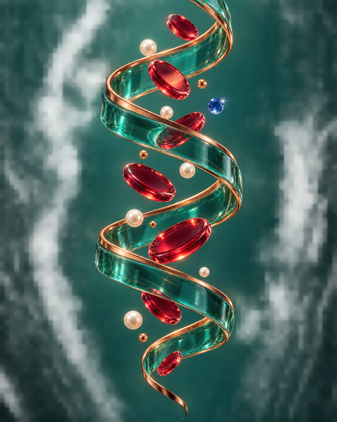 Abstract ruby discs rising through a jade-and-copper transparent spiral