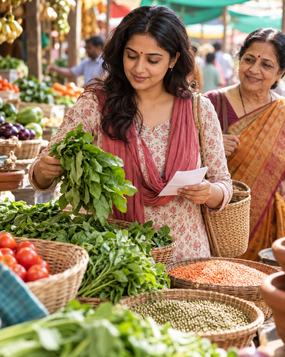 Indian woman leading an everyday food-planning moment at a colourful produce market
