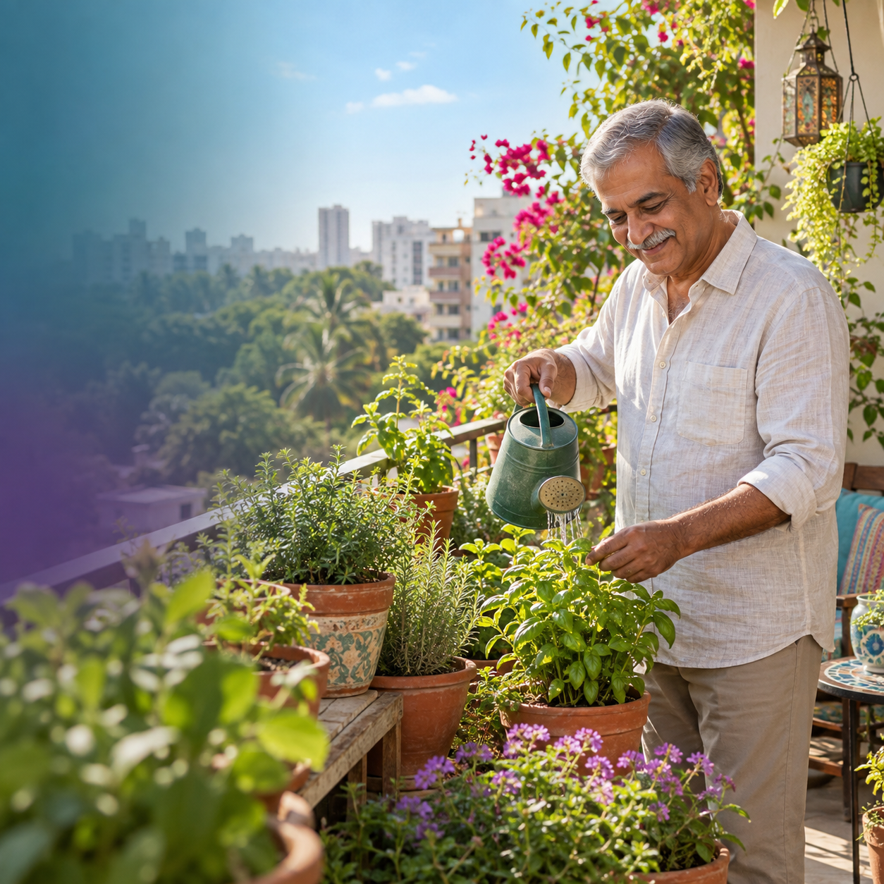 Older man caring for potted herbs on a colourful sunny balcony