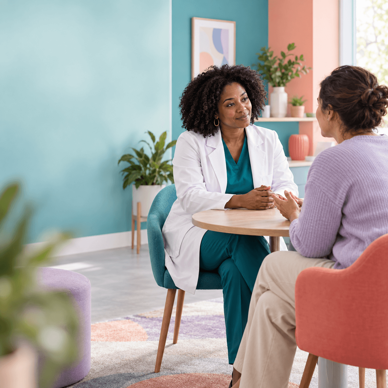 Doctor having a calm conversation with a patient in a colourful consultation room