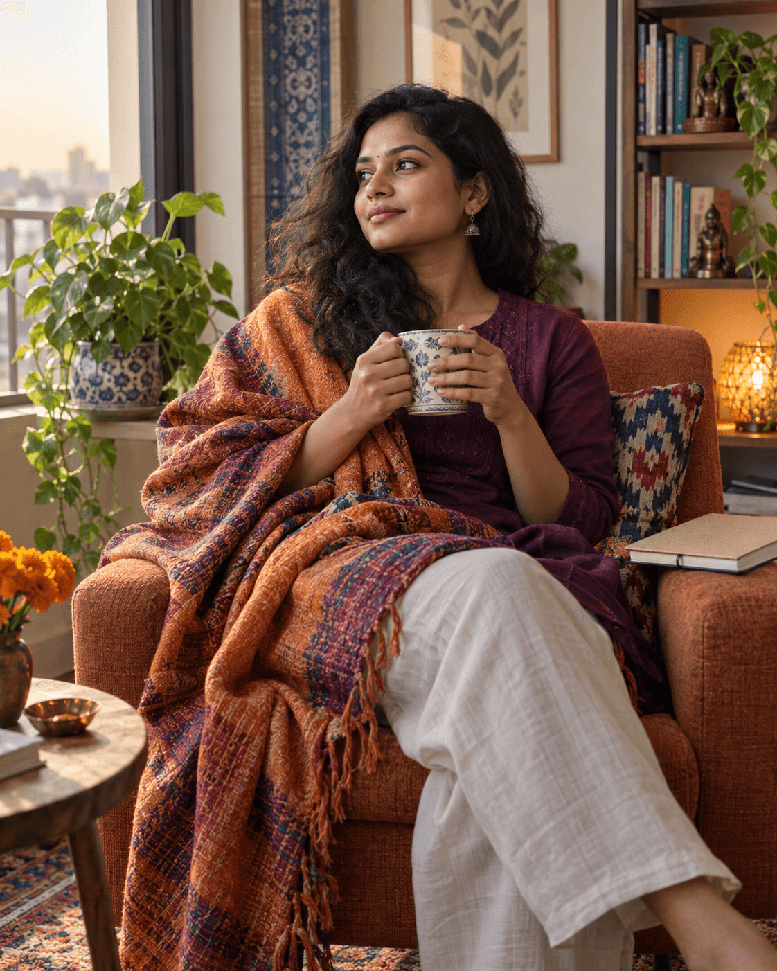 Indian woman taking a quiet, intentional pause in a warm home reading corner