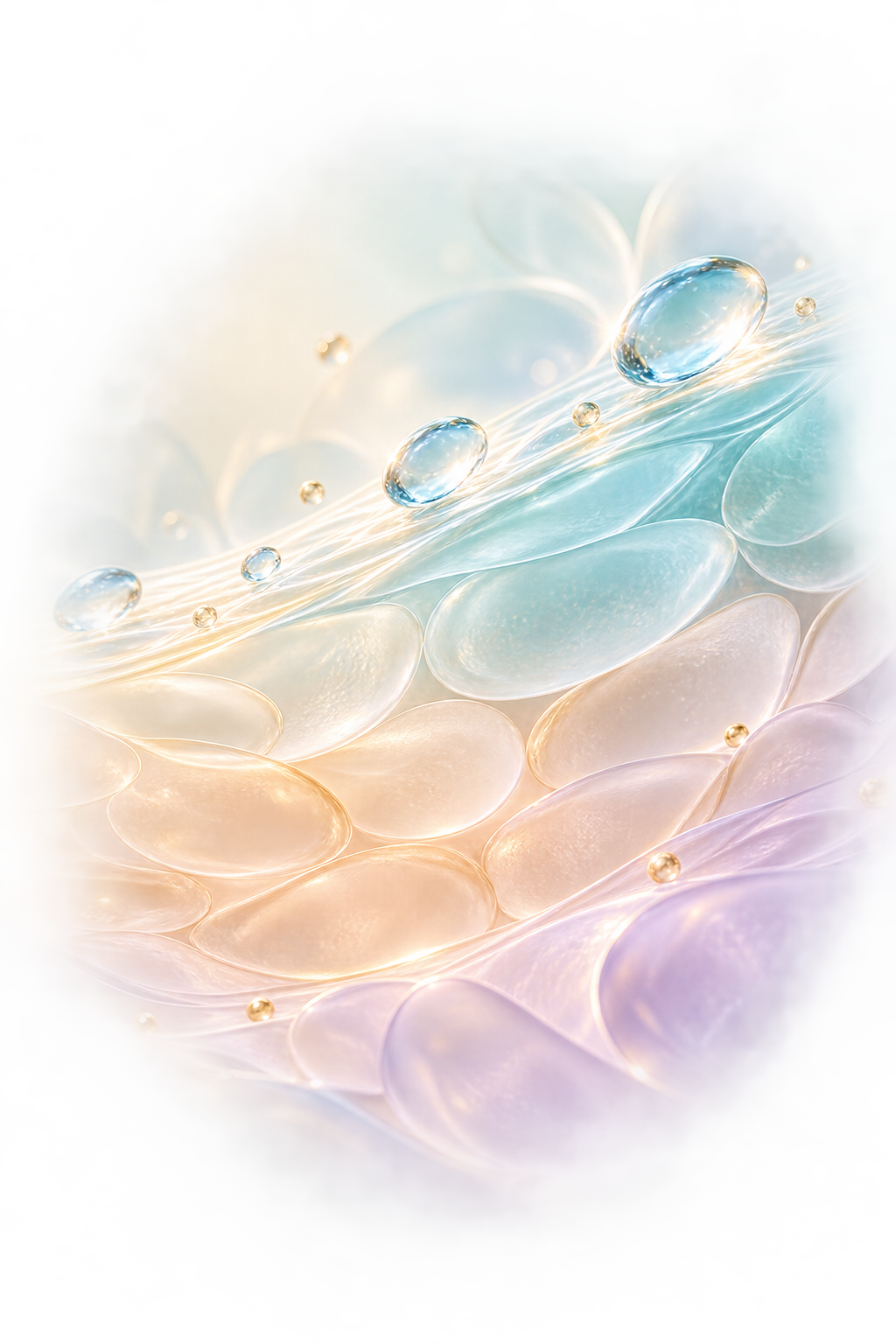 Abstract translucent cellular layers and water-like glass droplets in soft pastel light