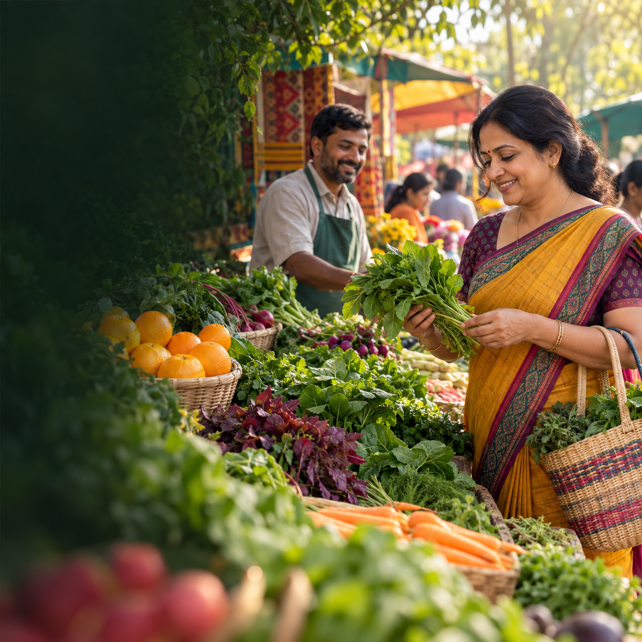 Woman choosing leafy vegetables at a vibrant outdoor produce market