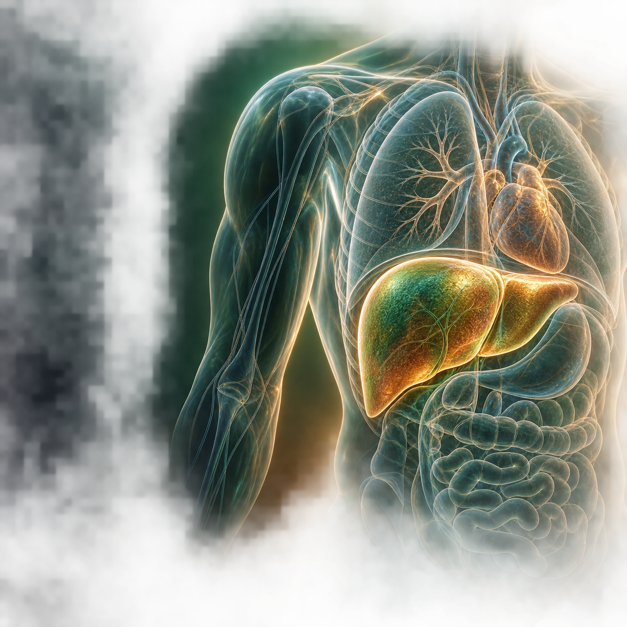 Transparent torso with the liver illuminated in jade, gold and copper tones