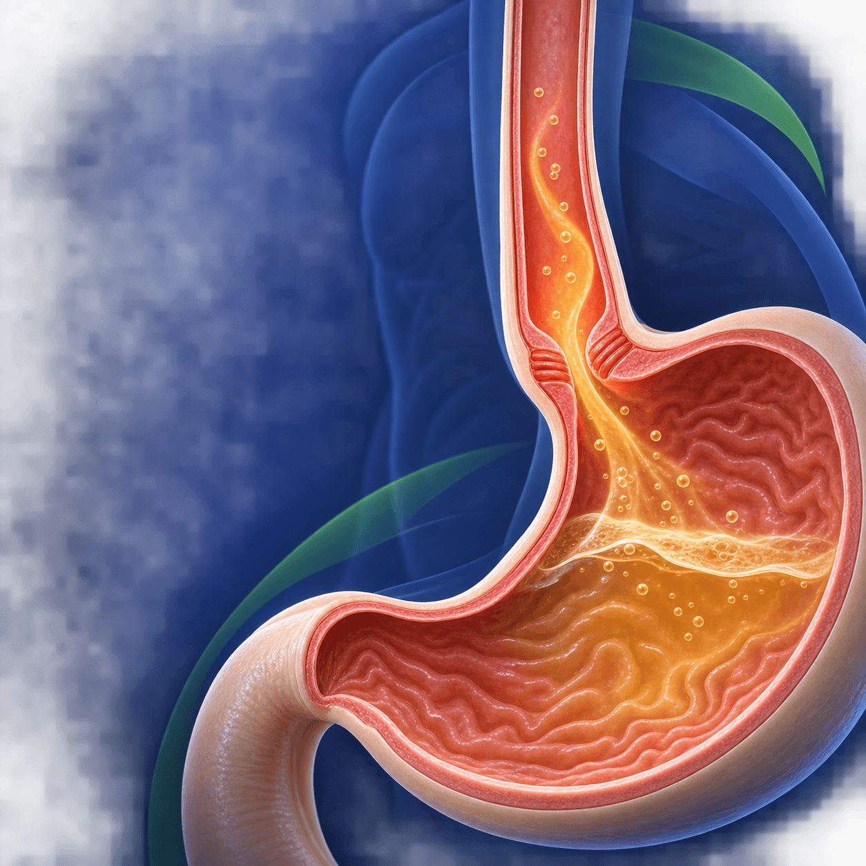 Illustrated view of the stomach and lower esophagus showing reflux