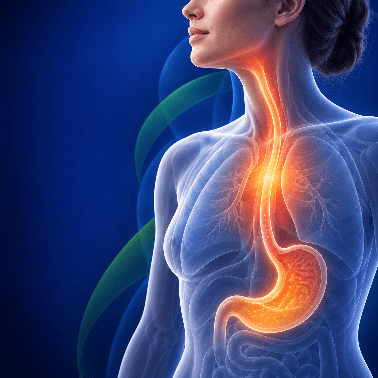 Illustrated upper torso showing the esophagus and stomach