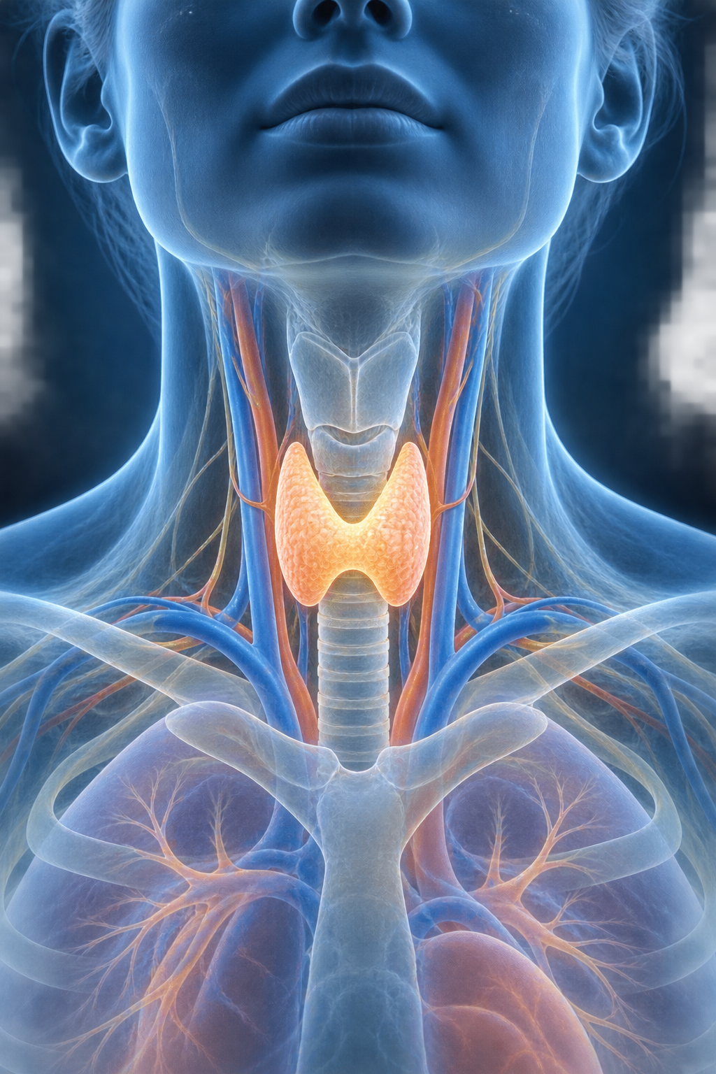 Transparent front-of-neck anatomy showing the thyroid gland, trachea, and surrounding vessels
