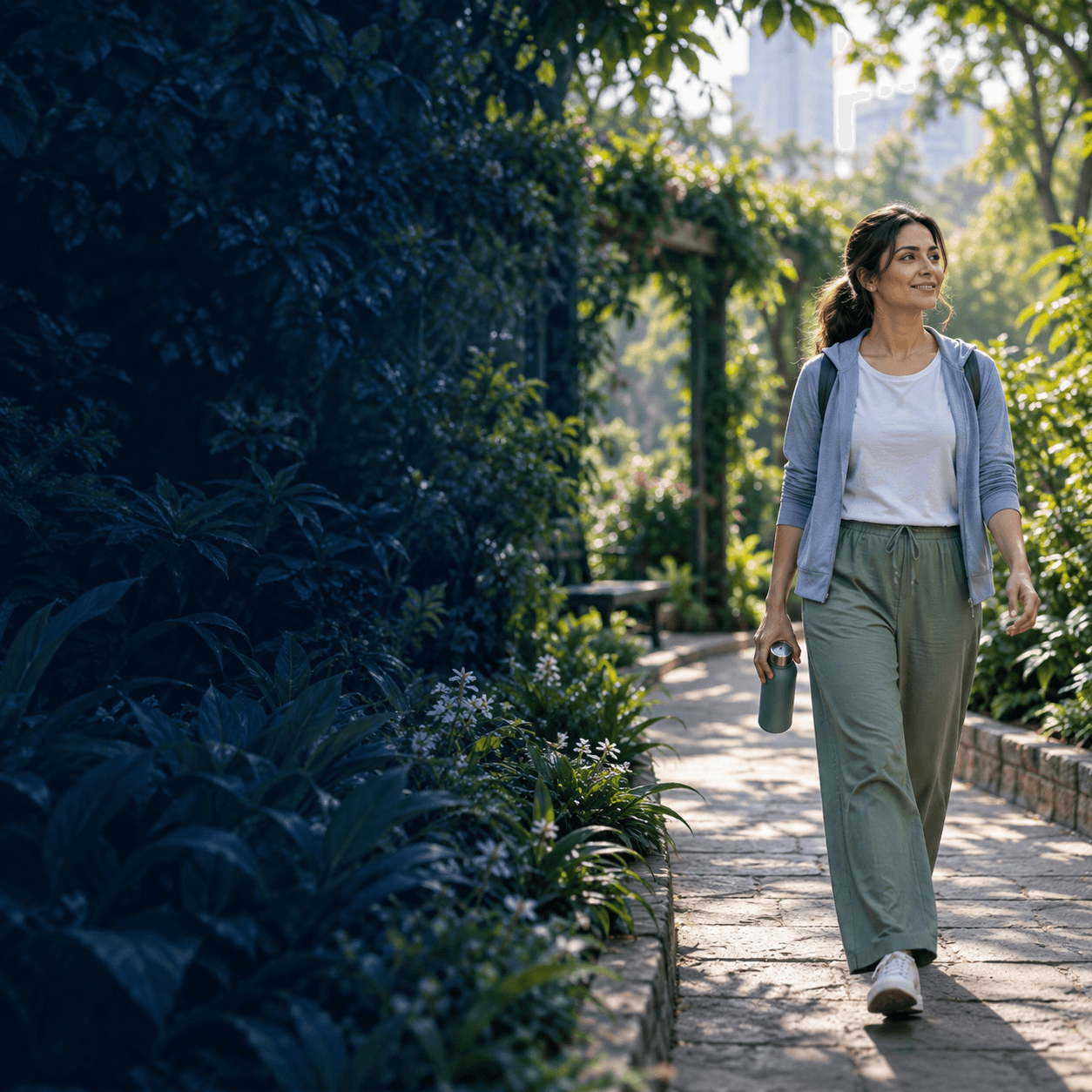 Person taking an unhurried walk through a leafy garden