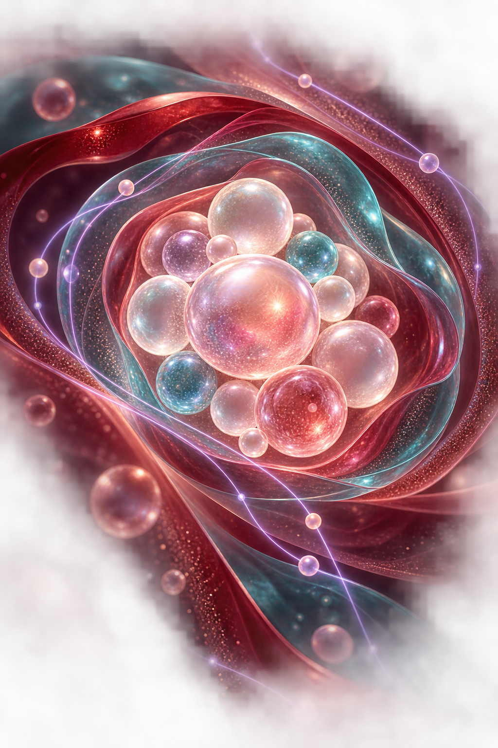 Abstract ruby and aqua glass contours surrounding a luminous cluster of pearl-like spheres
