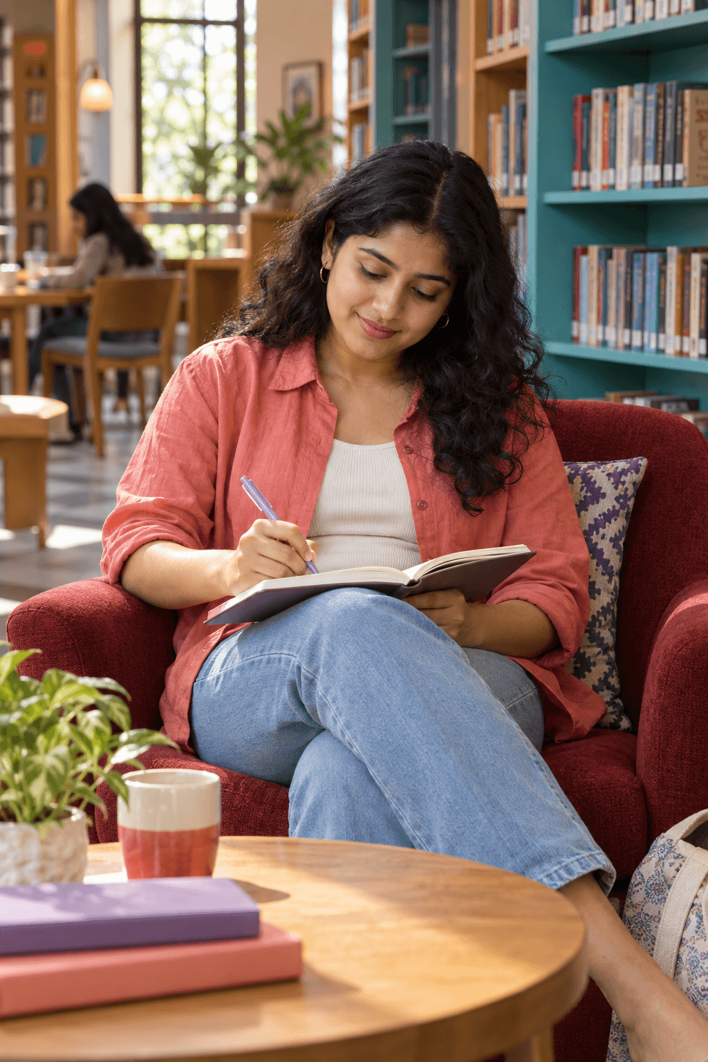 Indian woman privately filling in a personal planner in a colourful community library