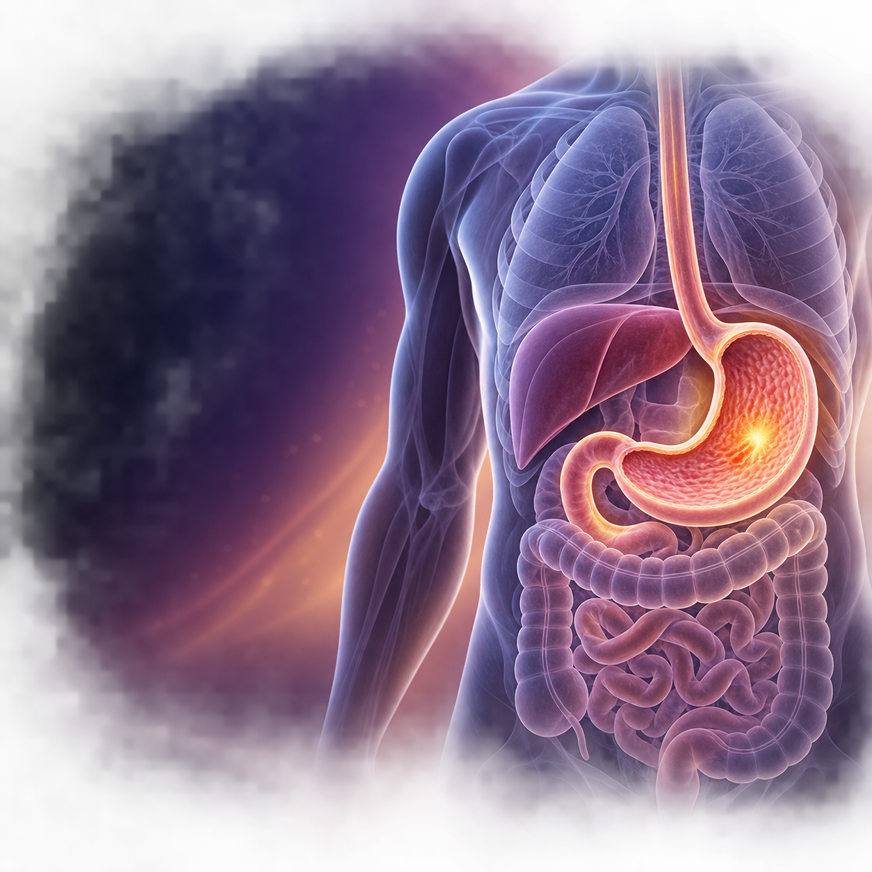 Transparent upper torso showing the stomach and duodenum with a subtle warm focal highlight