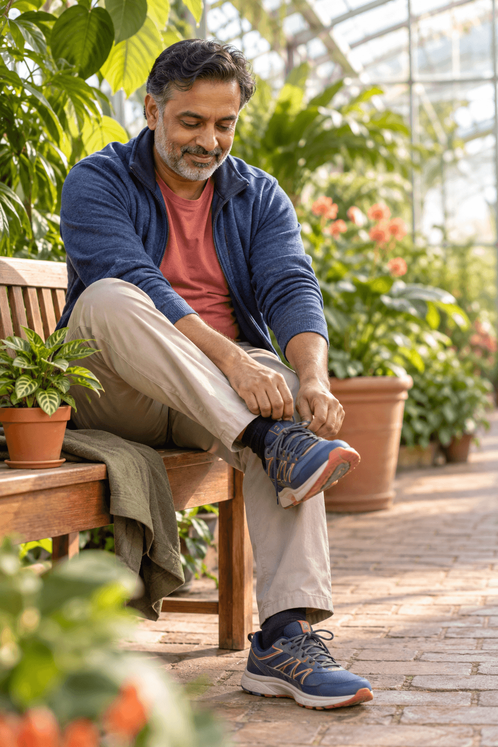 Middle-aged man putting on walking shoes in a bright community greenhouse