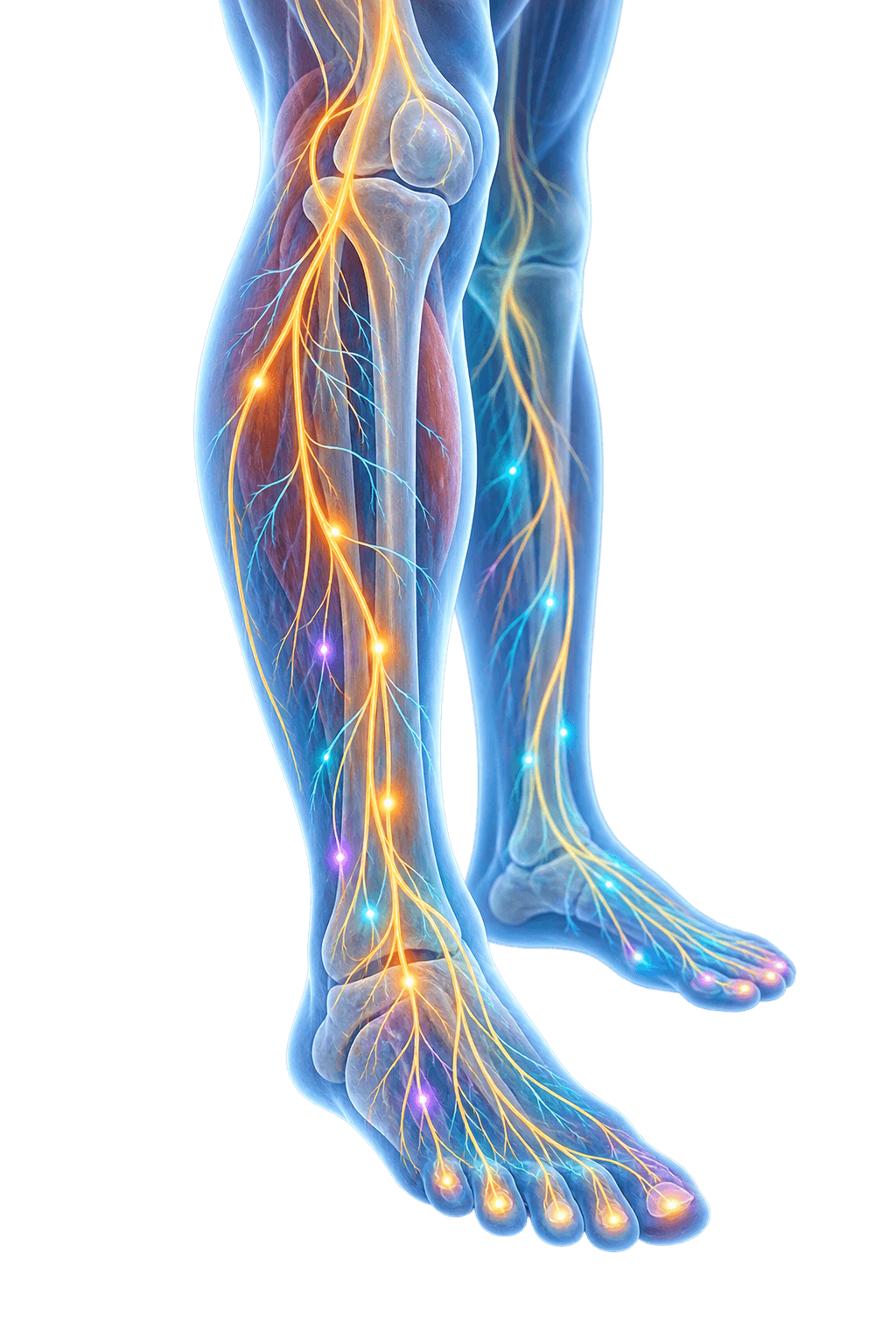 Transparent lower-leg and foot anatomy with peripheral nerve pathways illuminated in multiple colours