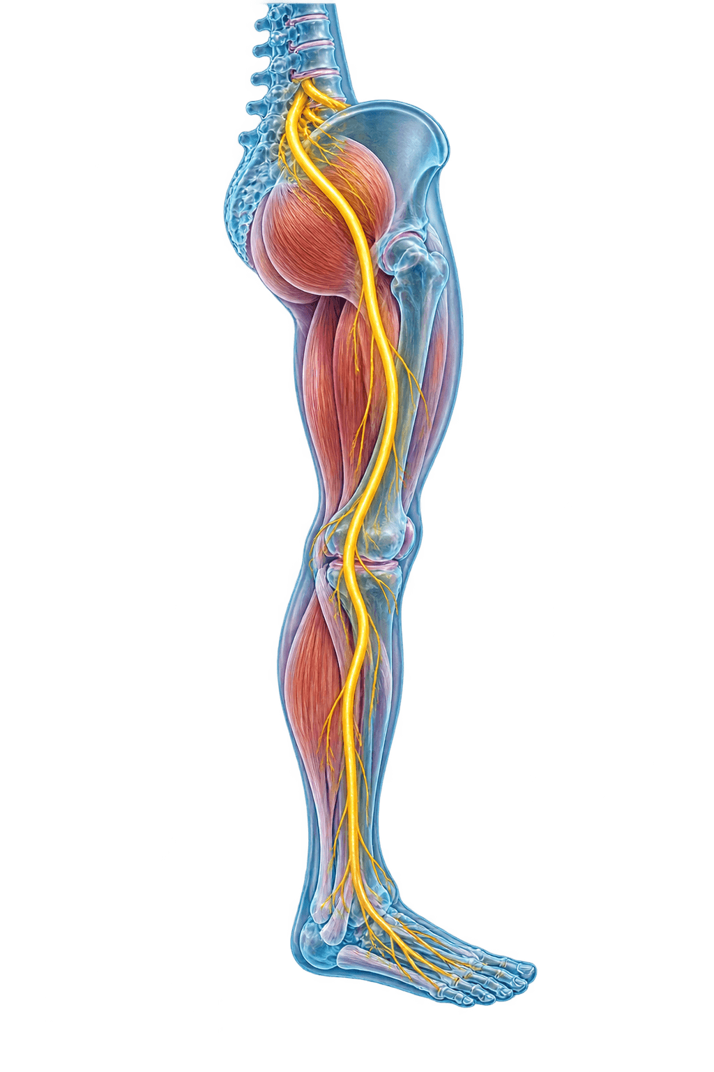 Transparent side-view lower-back, pelvis, and leg anatomy with the sciatic nerve highlighted in gold