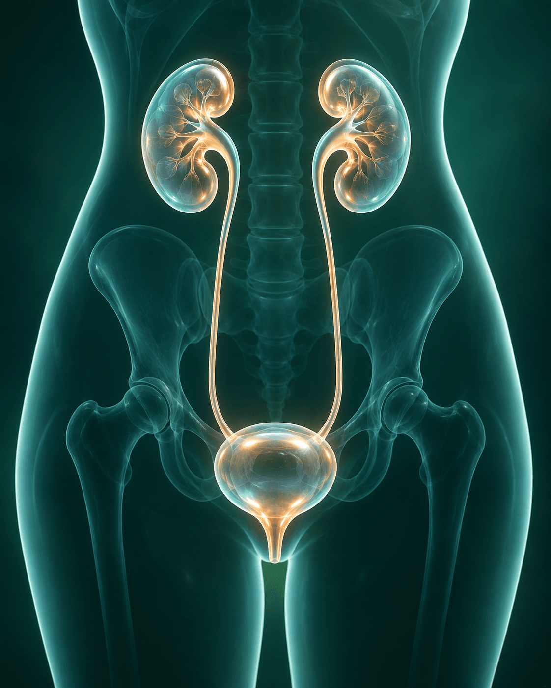 Transparent clinical anatomy model showing the kidneys, ureters, and bladder