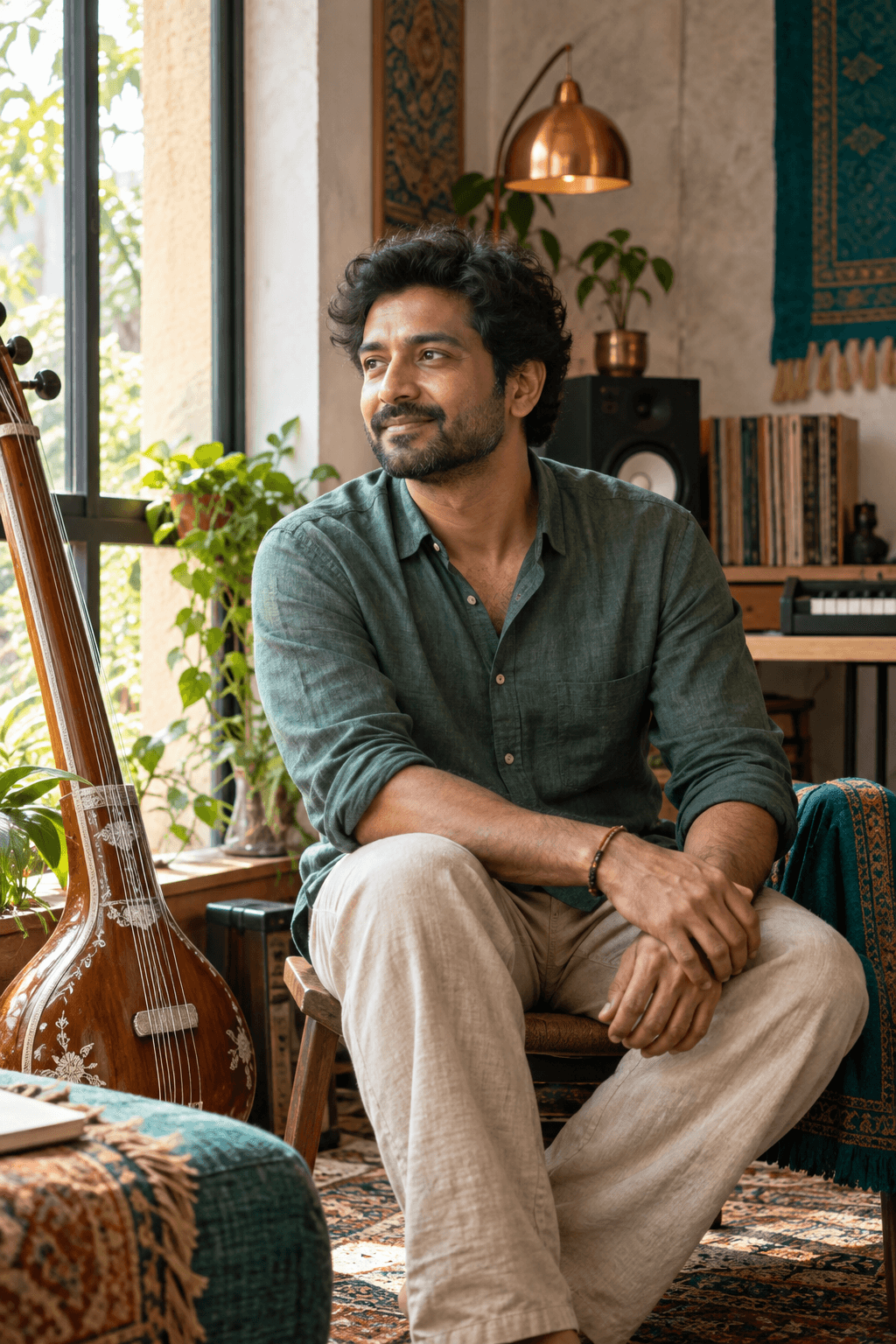 Indian man relaxing in a colourful sunlit music studio with a classical string instrument