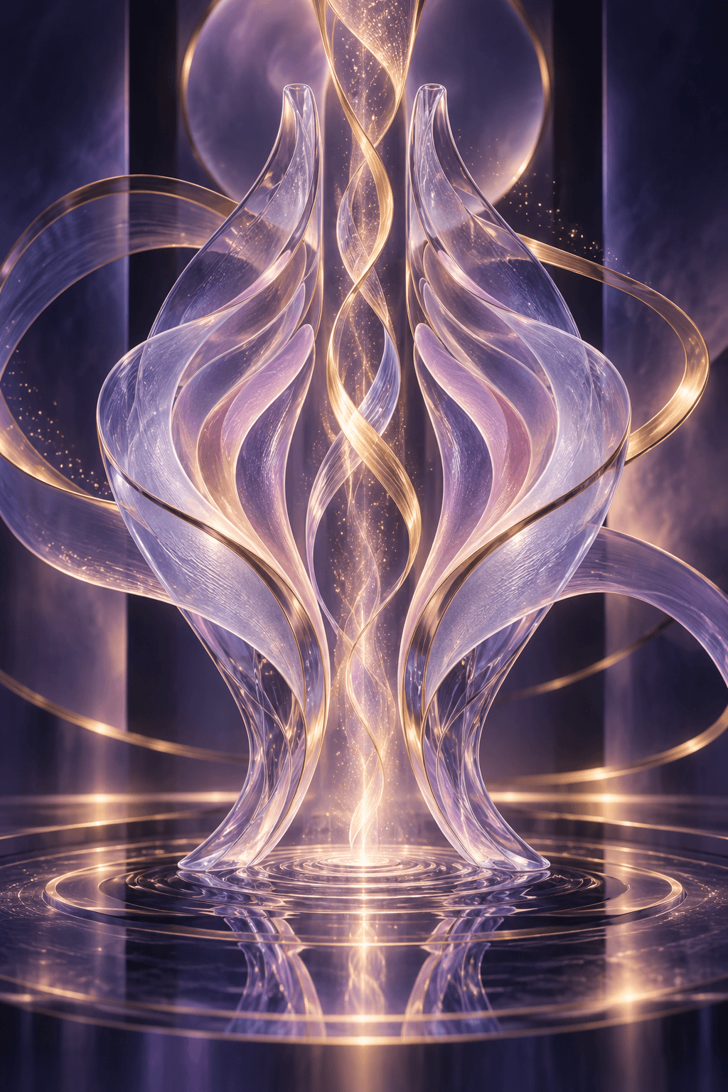 Abstract glass vocal-fold-inspired sculpture with flowing violet and gold resonance ribbons