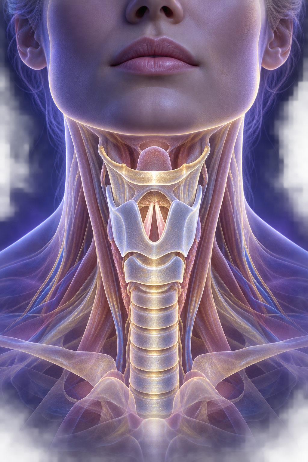Transparent neck anatomy focused on the larynx, vocal folds, and upper trachea